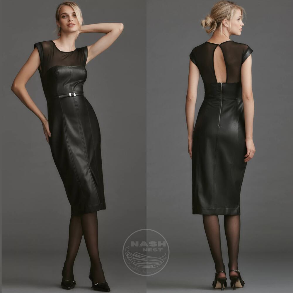 Maeve By Anthropologie Faux Leather Cap Sleeve Midi Dress | Mesh Yoke, 4 NWT
